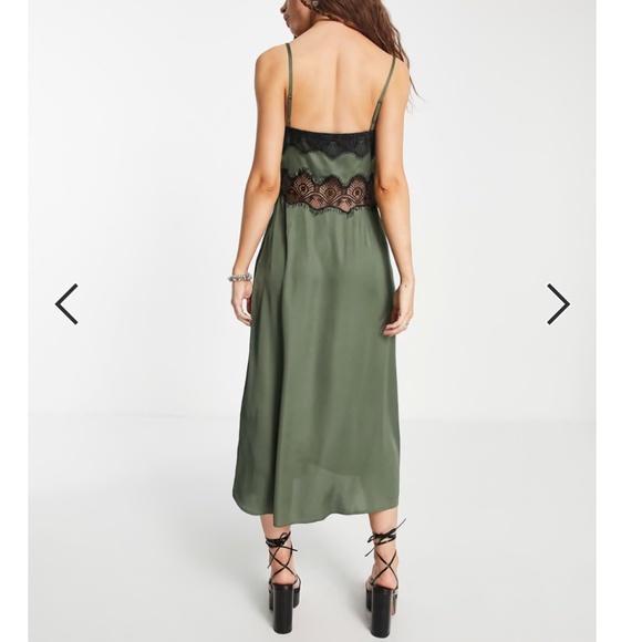ASOS DESIGN button through midi lace insert slip dress in khaki - Picture 2 of 3